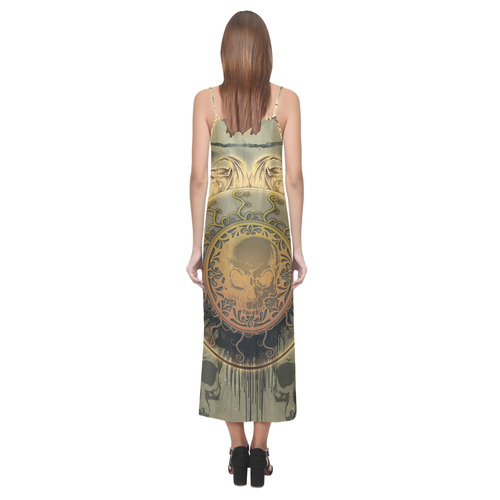 Awesome skulls on round button V-Neck Open Fork Long Dress(Model D18)