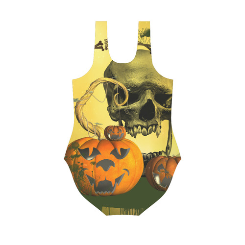 Halloween, funny pumpkins with skull Vest One Piece Swimsuit (Model S04)