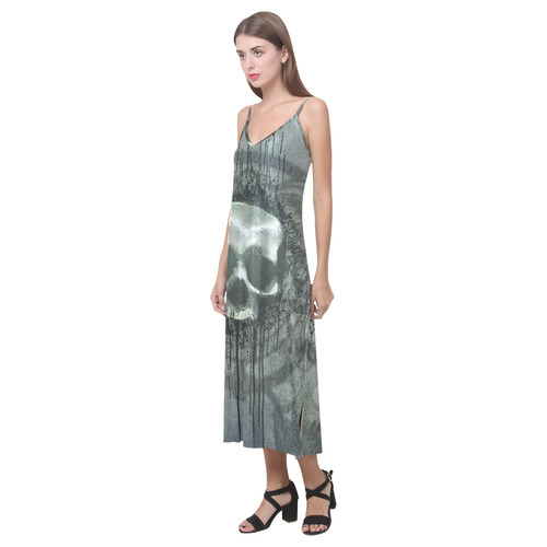 Awesome skull with bones and grunge V-Neck Open Fork Long Dress(Model D18)