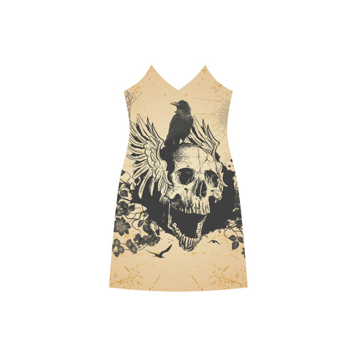 Awesome skull with crow V-Neck Open Fork Long Dress(Model D18)