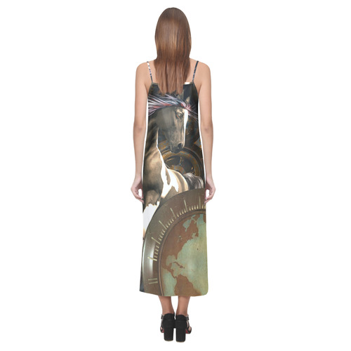 Steampunk, awesome horse with clocks and gears V-Neck Open Fork Long Dress(Model D18)