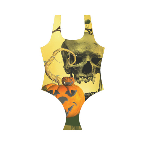 Halloween, funny pumpkins with skull Vest One Piece Swimsuit (Model S04)