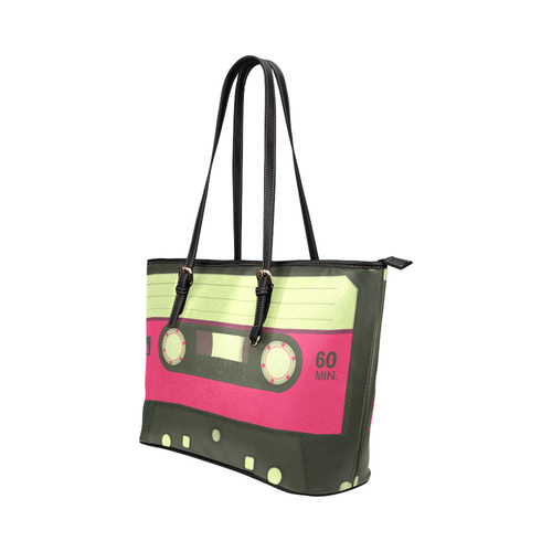 Pink Cassette Tape Leather Tote Bag/Large (Model 1651)