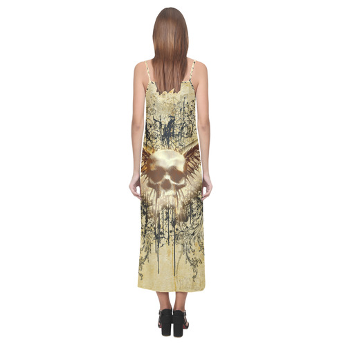 Amazing skull, wings and grunge V-Neck Open Fork Long Dress(Model D18)