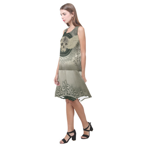 Skull with wings and roses on vintage background Sleeveless Splicing Shift Dress(Model D17)