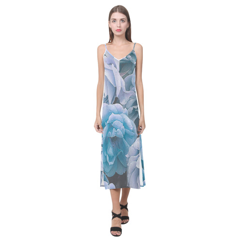 great garden roses blue V-Neck Open Fork Long Dress(Model D18)