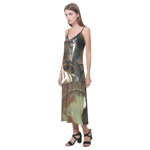 Steampunk, awesome horse with clocks and gears V-Neck Open Fork Long Dress(Model D18)