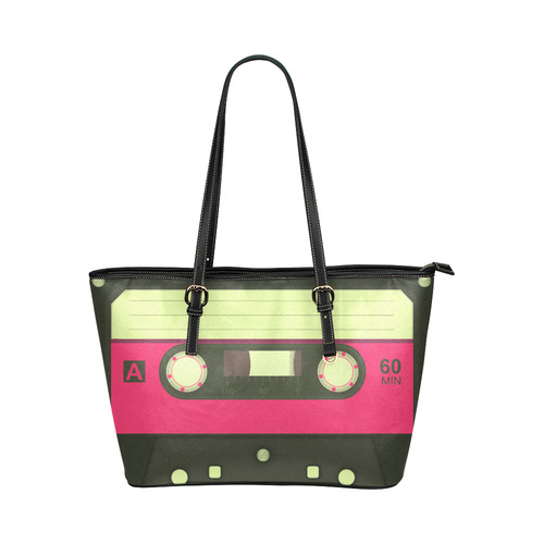 Pink Cassette Tape Leather Tote Bag/Small (Model 1651)