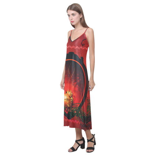 Christmas, christmas balls and candle V-Neck Open Fork Long Dress(Model D18)