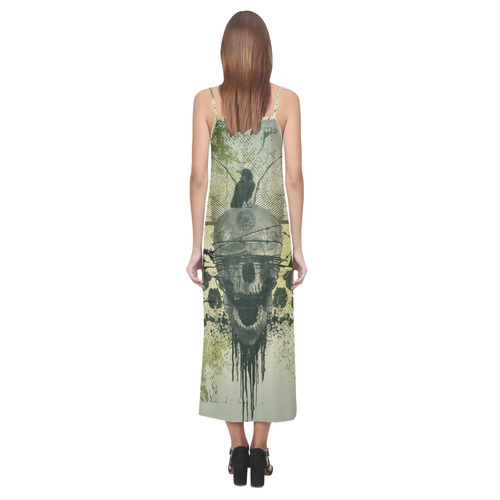 Skull in green colors V-Neck Open Fork Long Dress(Model D18)