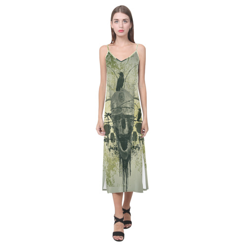 Skull in green colors V-Neck Open Fork Long Dress(Model D18)