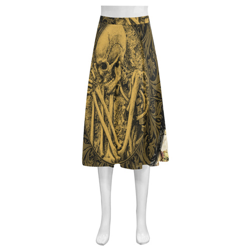 The skeleton in a round button with flowers Mnemosyne Women's Crepe Skirt (Model D16)