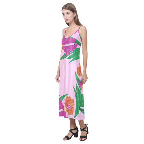 Pink Iris Ring V-Neck Open Fork Long Dress(Model D18)