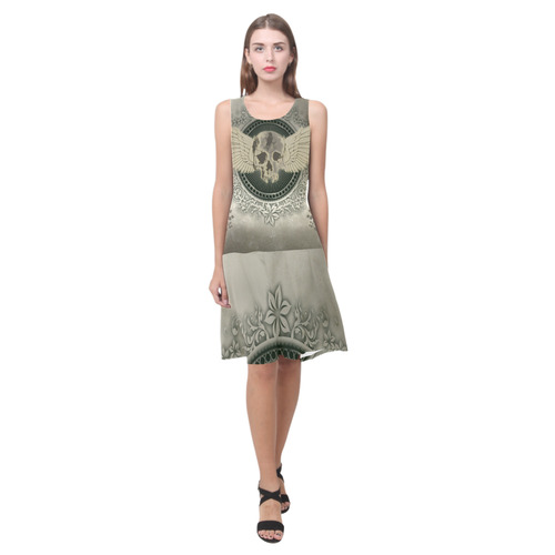 Skull with wings and roses on vintage background Sleeveless Splicing Shift Dress(Model D17)