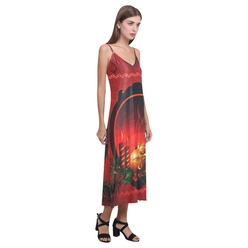 Christmas, christmas balls and candle V-Neck Open Fork Long Dress(Model D18)