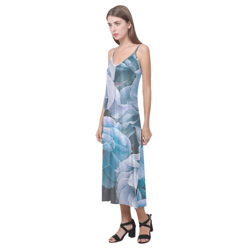 great garden roses blue V-Neck Open Fork Long Dress(Model D18)