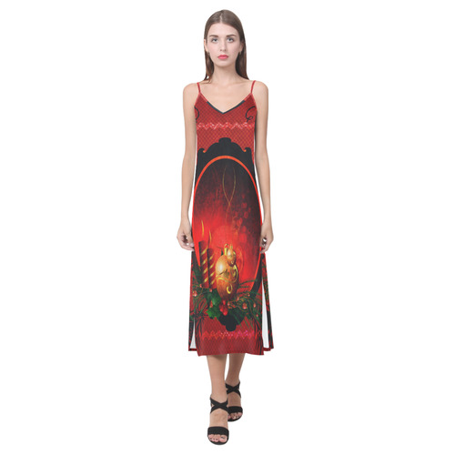 Christmas, christmas balls and candle V-Neck Open Fork Long Dress(Model D18)