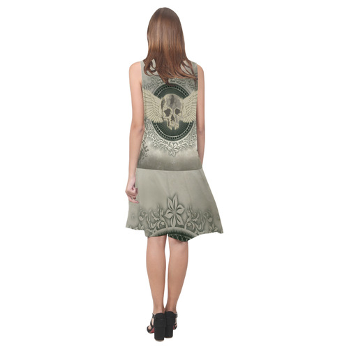 Skull with wings and roses on vintage background Sleeveless Splicing Shift Dress(Model D17)