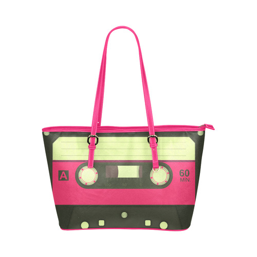 Pink Cassette Tape Leather Tote Bag/Large (Model 1651)