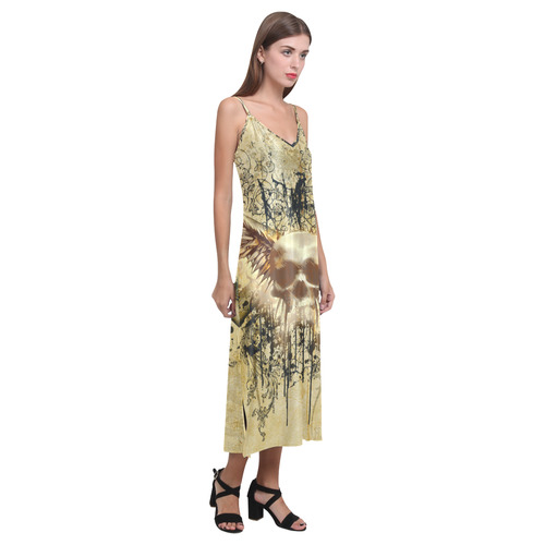 Amazing skull, wings and grunge V-Neck Open Fork Long Dress(Model D18)