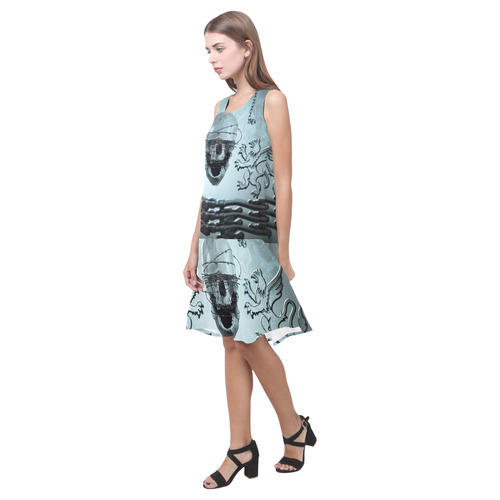 Scary skull with lion Sleeveless Splicing Shift Dress(Model D17)