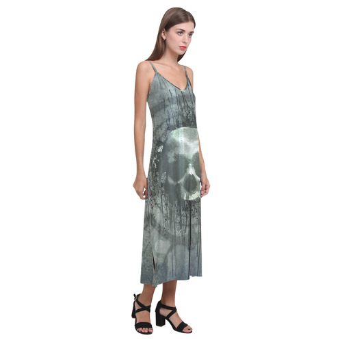 Awesome skull with bones and grunge V-Neck Open Fork Long Dress(Model D18)