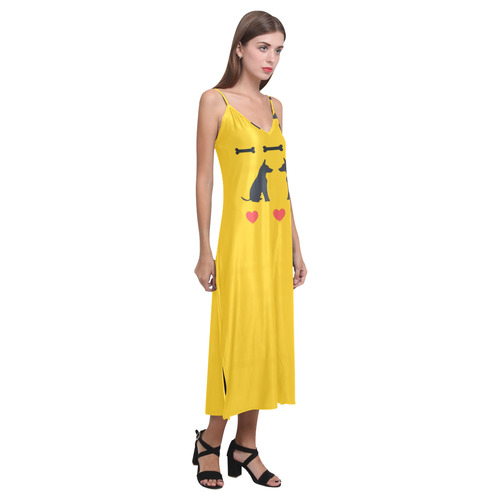 I Love Dogs V-Neck Open Fork Long Dress(Model D18)