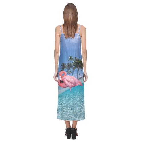 Flamingo and Palms V-Neck Open Fork Long Dress(Model D18)