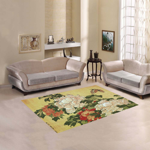 Peonies Butterfly Hokusai Japanese Floral Nature Area Rug 5'3''x4'
