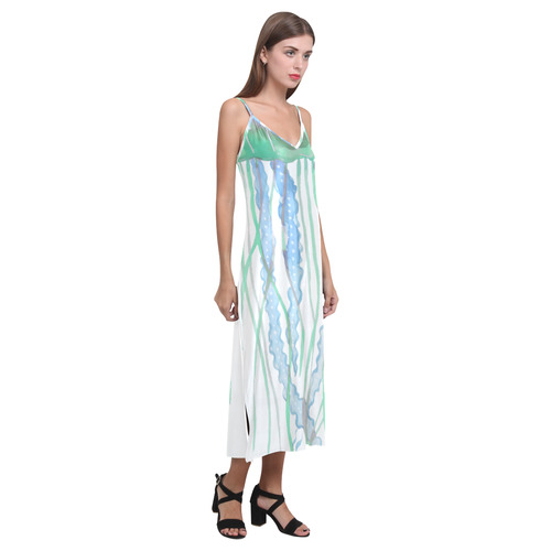 Watercolore JELLY FISH Blue Lilac Green V-Neck Open Fork Long Dress(Model D18)