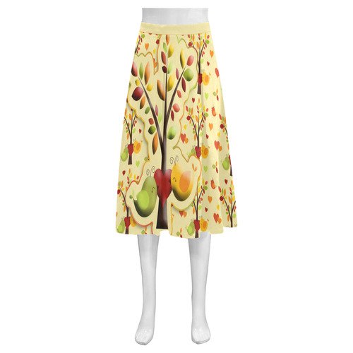 Autumn BIG LOVE Pattern TREEs, BIRDs and HEARTS Mnemosyne Women's Crepe Skirt (Model D16)