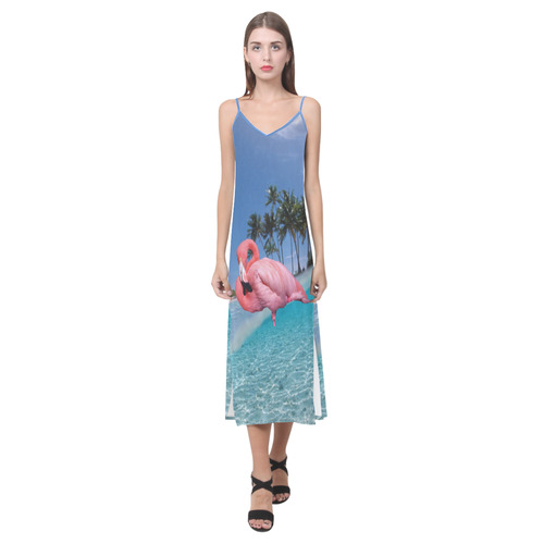 Flamingo and Palms V-Neck Open Fork Long Dress(Model D18)