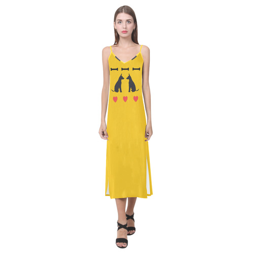 I Love Dogs V-Neck Open Fork Long Dress(Model D18)