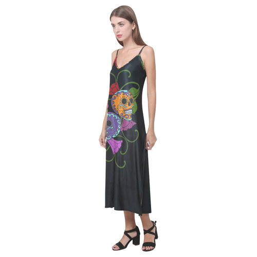 Día De Los Muertos Two Skulls Flowers V-Neck Open Fork Long Dress(Model D18)