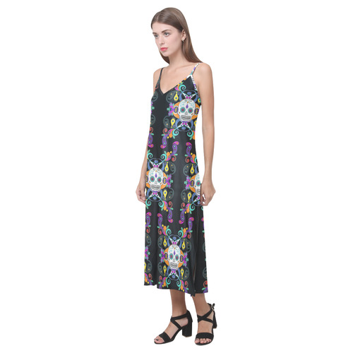 Día De Los Muertos Skulls Ornaments multicolored V-Neck Open Fork Long Dress(Model D18)