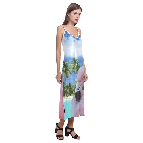 Flamingo and Beach V-Neck Open Fork Long Dress(Model D18)