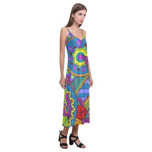 Pop Art PAISLEY Ornaments Pattern multicolored V-Neck Open Fork Long Dress(Model D18)