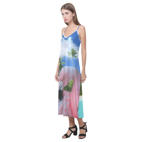 Flamingo and Beach V-Neck Open Fork Long Dress(Model D18)