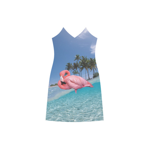 Flamingo and Palms V-Neck Open Fork Long Dress(Model D18)