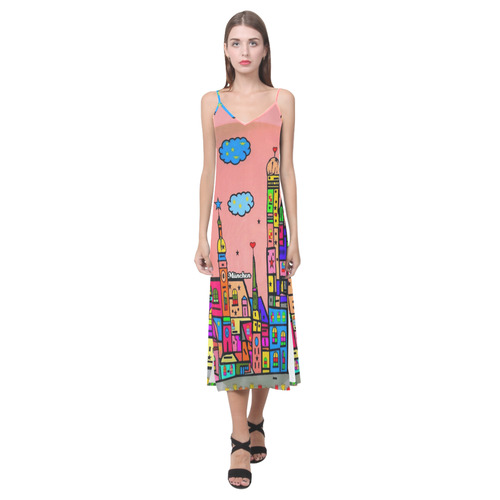 Munich Popart by Nico Bielow V-Neck Open Fork Long Dress(Model D18)