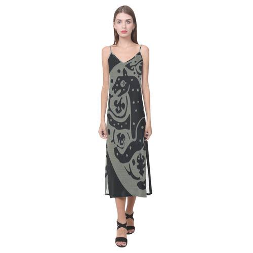 ART CHEETAH BLACK V-Neck Open Fork Long Dress(Model D18)