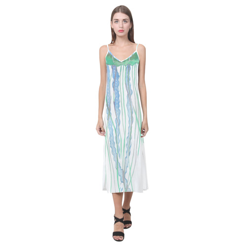 Watercolore JELLY FISH Blue Lilac Green V-Neck Open Fork Long Dress(Model D18)