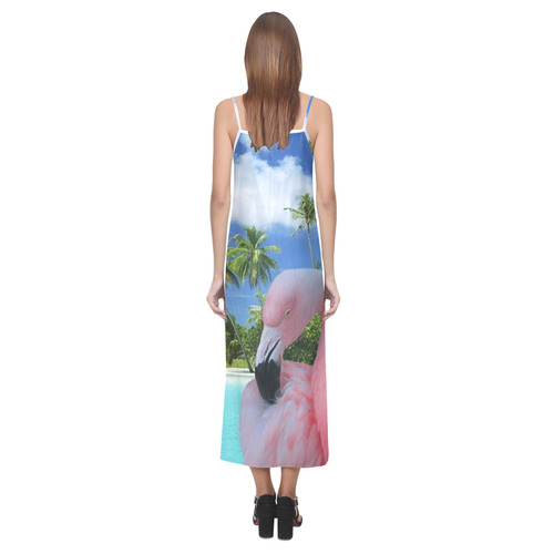 Flamingo and Beach V-Neck Open Fork Long Dress(Model D18)