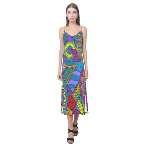 Pop Art PAISLEY Ornaments Pattern multicolored V-Neck Open Fork Long Dress(Model D18)