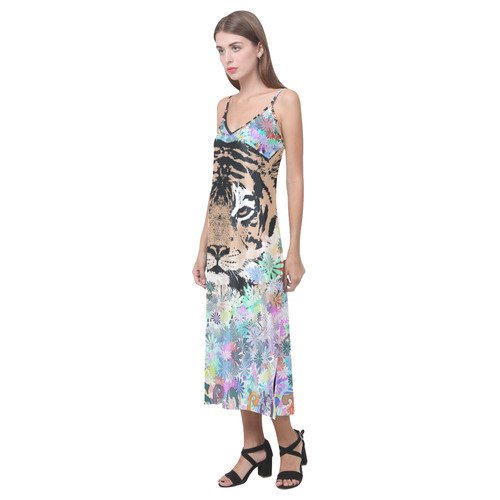 TIGER FLOWERS V-Neck Open Fork Long Dress(Model D18)