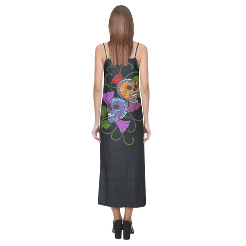 Día De Los Muertos Two Skulls Flowers V-Neck Open Fork Long Dress(Model D18)