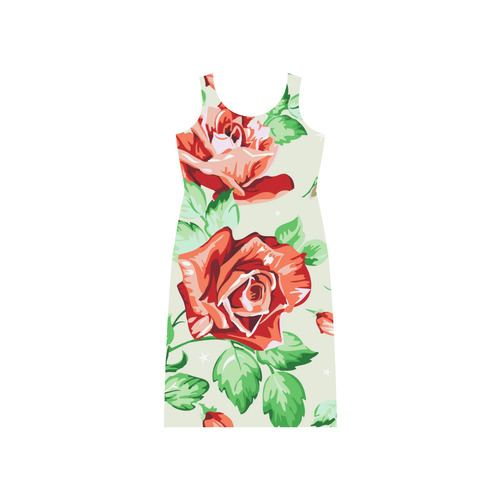 Vintage Floral Wallpaper Red Rose Flowers Phaedra Sleeveless Open Fork Long Dress (Model D08)