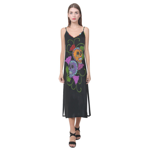 Día De Los Muertos Two Skulls Flowers V-Neck Open Fork Long Dress(Model D18)