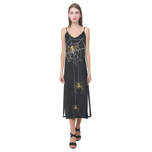 Spiders in the Cobweb Contour Gold Silver V-Neck Open Fork Long Dress(Model D18)