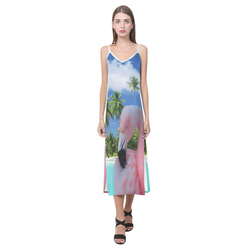 Flamingo and Beach V-Neck Open Fork Long Dress(Model D18)